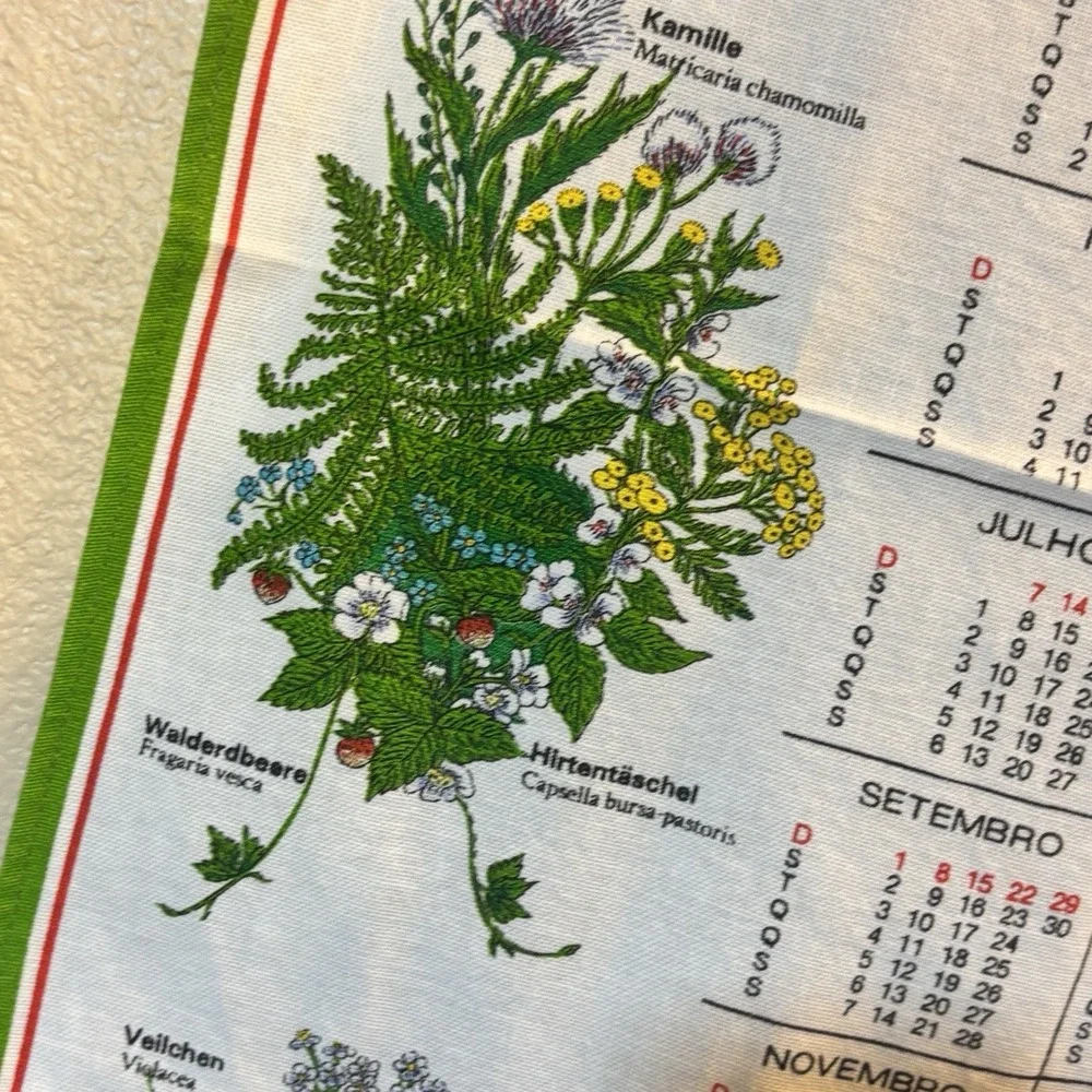 1985 Vintage Portuguese Linen Cloth Calendar Tea Towel Wall Hanging Flowers Rare